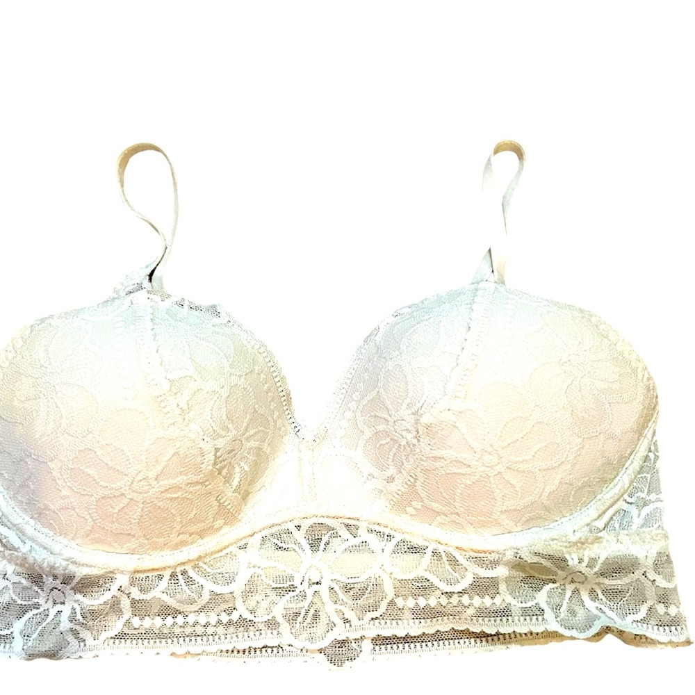 Pink Lace Bralette medium(A-C) white, EUC smoke free